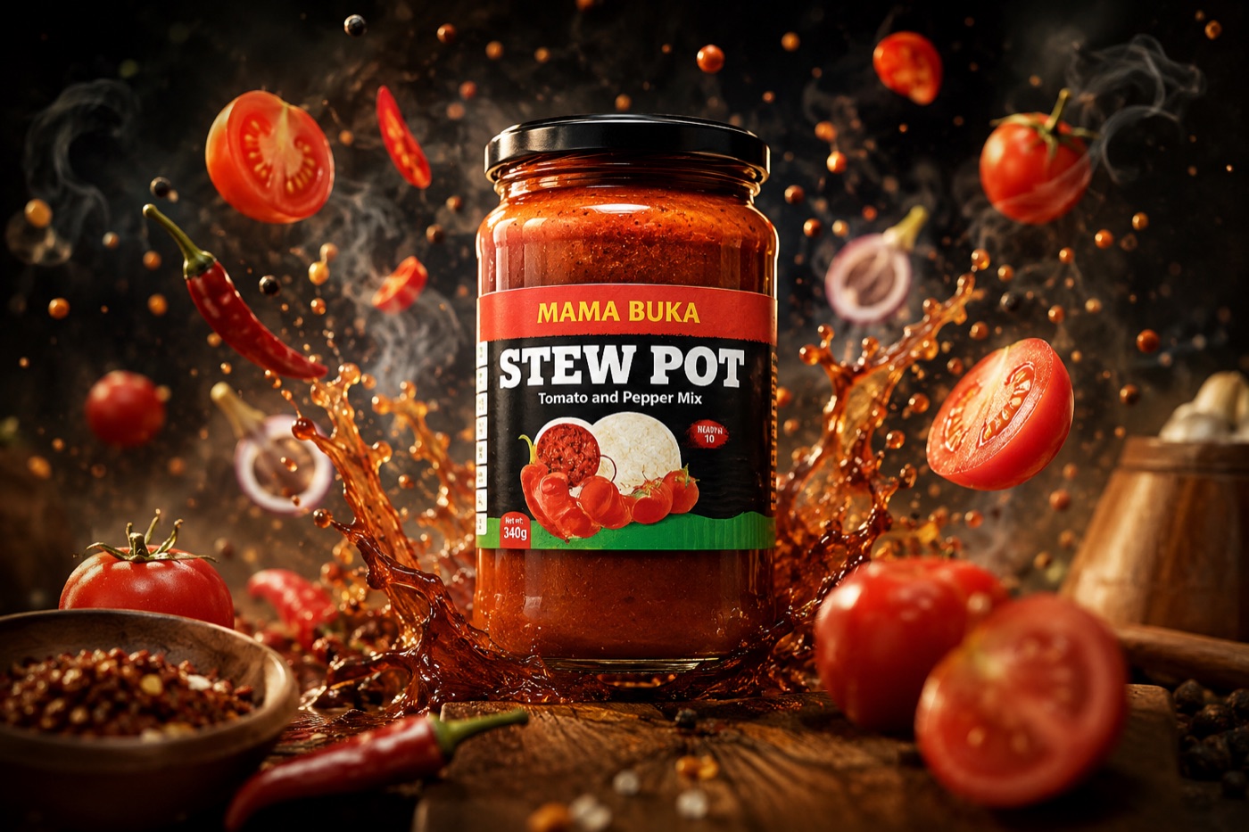 Mama Buka Stew Pot jar surrounded by fresh tomatoes, chillies and a rich tomato splash